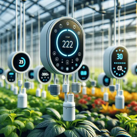 A close up view of various types of sensors used in automatic greenhouse ventilation, including temperature, humidity, and CO2 sensors