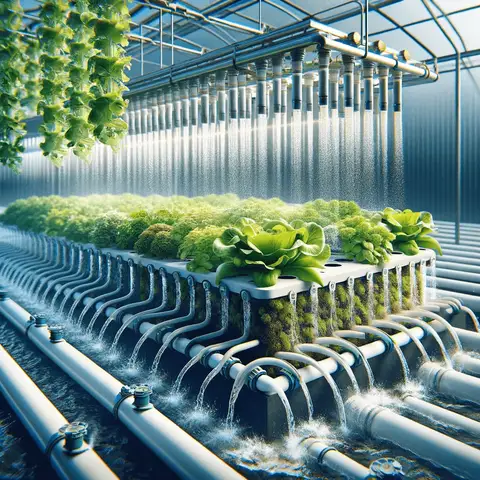 A hydroponic greenhouse demonstrating water saving techniques, with plants growing in a closed loop system that recycles water