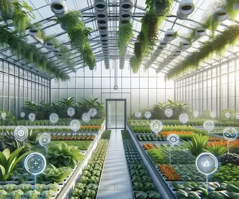 A modern automatic greenhouse ventilation filled with lush plants, featuring an automated ventilation system with visible sensors on the walls and ceiling