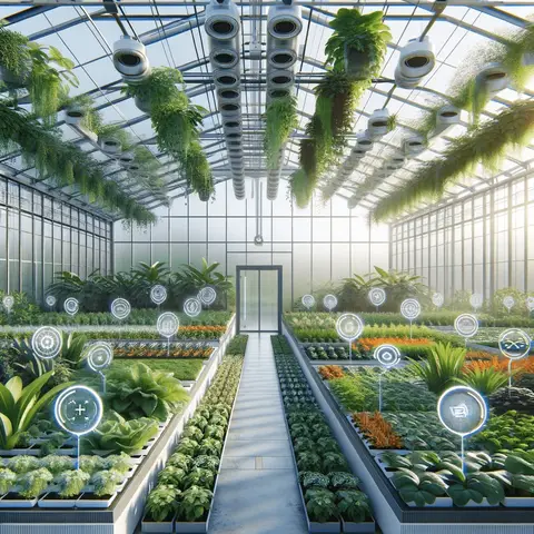 A modern automatic greenhouse ventilation filled with lush plants, featuring an automated ventilation system with visible sensors on the walls and ceiling