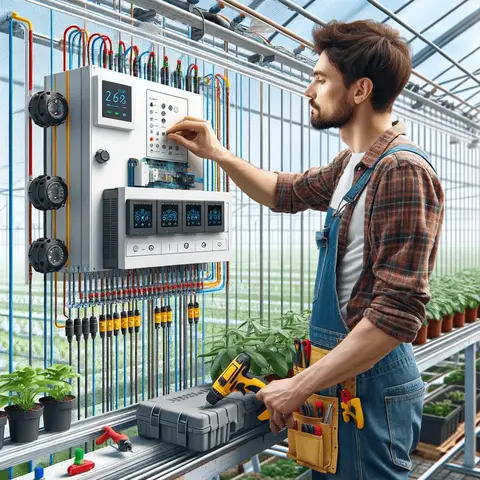 A professional installer setting up an automatic greenhouse ventilation system, showing the installation of sensors and control uni
