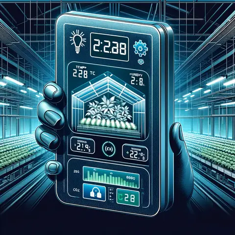 Automated Greenhouse Ventilation With high tech greenhouse control panel, showing a digital display with various readings