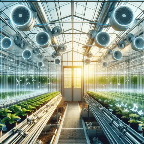 Automatic Greenhouse Ventilation A greenhouse interior showing automated windows and fans in action, with windows partially open and fans circulating air