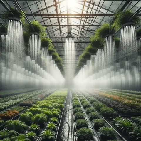 Best Greenhouse Irrigation Systems A greenhouse scene showing an overhead sprinkler system in action, with water gently spraying over a variety of plants from above