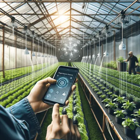 Best Greenhouse Irrigation Systems A high tech greenhouse showing a smart irrigation system controlled by a smartphone app
