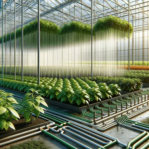 Best Greenhouse Irrigation Systems A modern greenhouse with a drip irrigation system in place, showing a network of tubes delivering water directly to the base of each plant