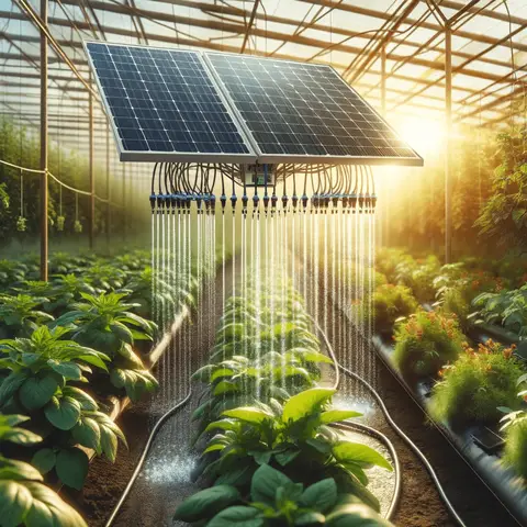 Best Greenhouse Irrigation Systems A solar powered drip irrigation system in a greenhouse, featuring solar panels connected to a network of drip lines watering the plants