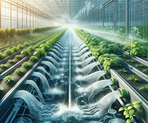 Best Greenhouse Irrigation Systems A visual depiction of an ebb and flow irrigation system in a greenhouse, showing plant trays being flooded with water and then draining it back