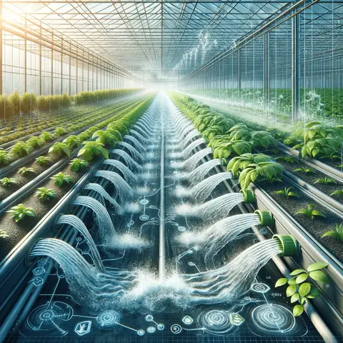Best Greenhouse Irrigation Systems A visual depiction of an ebb and flow irrigation system in a greenhouse, showing plant trays being flooded with water and then draining it back
