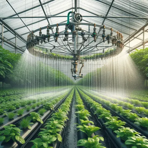 Best Greenhouse Irrigation Systems An all weather sprinkler system in a greenhouse, showing a durable and versatile sprinkler setup that adjusts its watering based on the current weathe