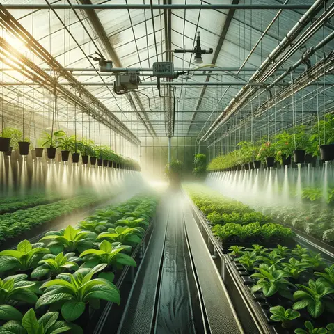 Best Greenhouse Irrigation Systems a greenhouse equipped with a misting irrigation system, showing fine mist being sprayed over delicate plants