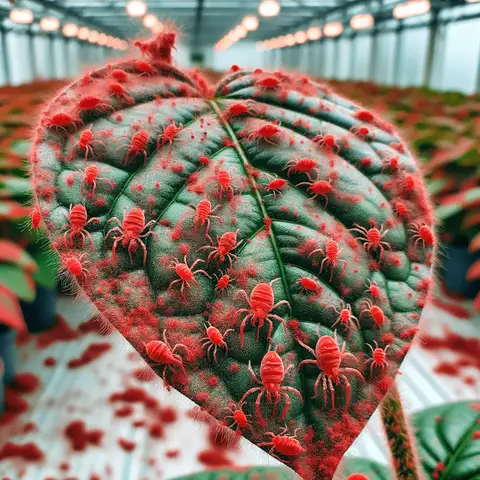 Common greenhouse pests A close up view of red spider mites on a plant in a greenhouse, showing small, red colored mites causing leaf discoloration and damage. The image high