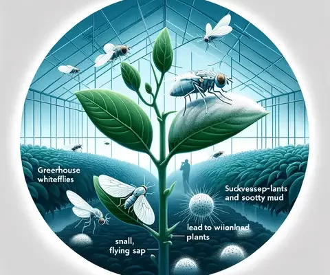 Common greenhouse pests A depiction of greenhouse whiteflies on a plant. The image should show small, white flying insects, illustrating how they suck plant sap leading to we