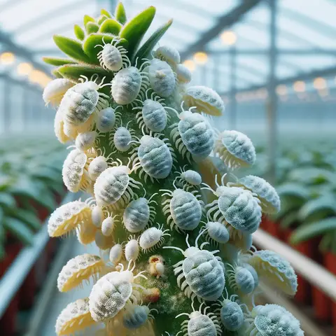 Common greenhouse pests An image depicting mealybugs on a greenhouse plant. The mealybugs are shown as soft bodied insects with a white, waxy coating, causing damage to the plant