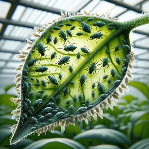 Common greenhouse pests An image of aphids under a leaf in a greenhouse