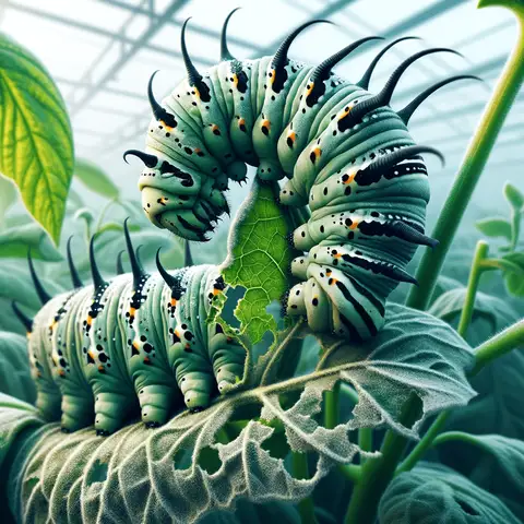 Common greenhouse pests An image showing a caterpillar on a greenhouse plant. The caterpillar, depicted as the larva of butterflies and moths, is seen chewing through leaves,