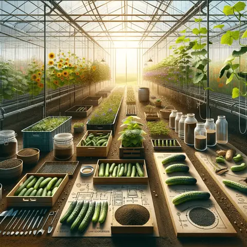 Cucumber growing in greenhouses A greenhouse scene with various types of containers and soil systems set up for growing cucumbers