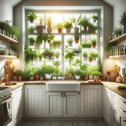 Greenhouse windows for kitchen A bright and modern kitchen with a large greenhouse window above the sink, filled with a variety of herbs and small plants