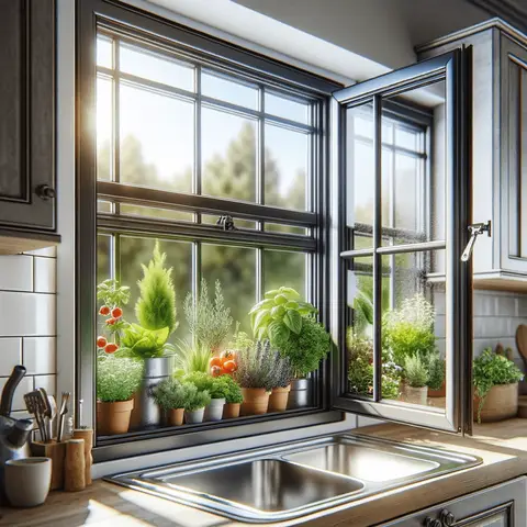 Greenhouse windows for kitchen A close up view of a vinyl garden window in a kitchen, showing its sturdy frame and clear glass