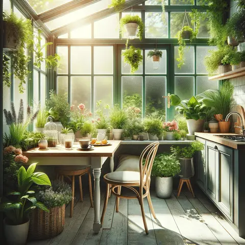 Greenhouse windows for kitchen A cozy breakfast nook in a kitchen with a greenhouse window. The window is filled with lush green plants and flowers