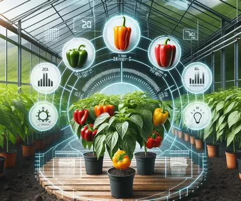 Growing Peppers in a Greenhouse An image showcasing a variety of pepper plants growing in a greenhouse, emphasizing the advantages