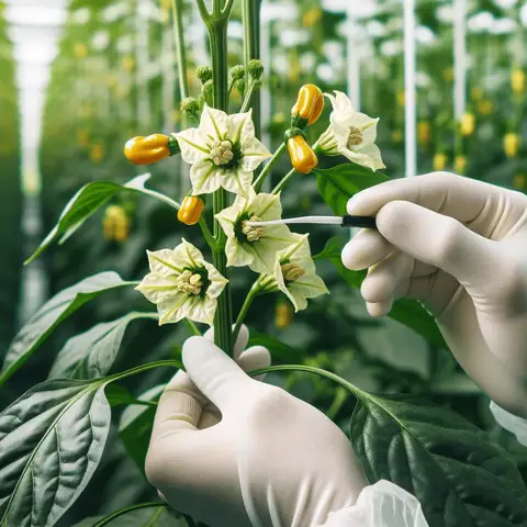 Growing Peppers in a Greenhouse The process of pollinating pepper plants in a greenhouse