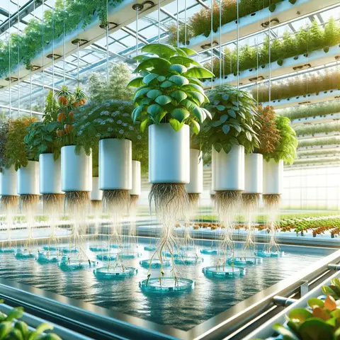 Modern hydroponic greenhouse with plants growing in water instead of soil