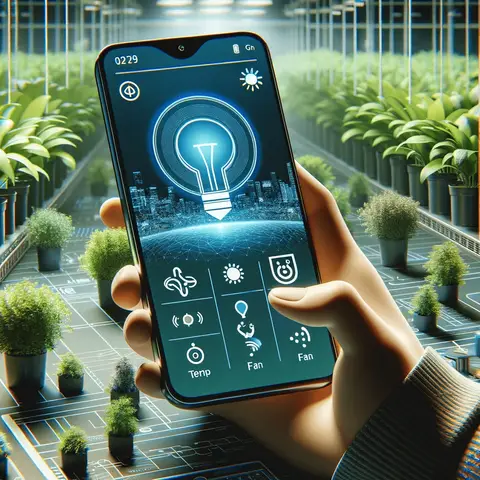 Modern smartphone app used to control an automatic greenhouse ventilation system, displaying a user friendly interface wi