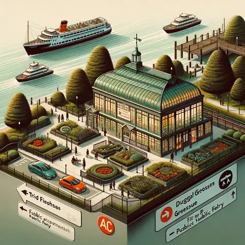 The Duggal Greenhouse's transportation accessibility, showing its proximity to A C or F train stations and public ferry