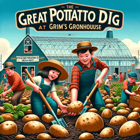The Great Potato Dig experience at Grims Greenhouse, showing families joyfully harvesting potatoes from the ground