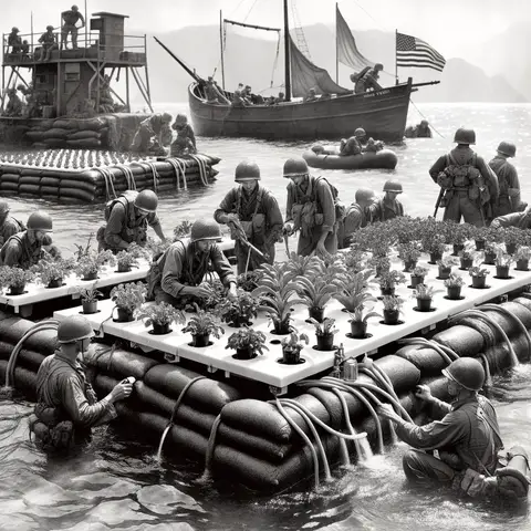 The history of hydroponic greenhouse A scene depicting soldiers during World War II using hydroponics to grow food on islands