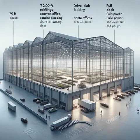 The interior of the Duggal Greenhouse, showcasing its 35,000 square feet space with 70 ft ceilings, concrete slab floorin