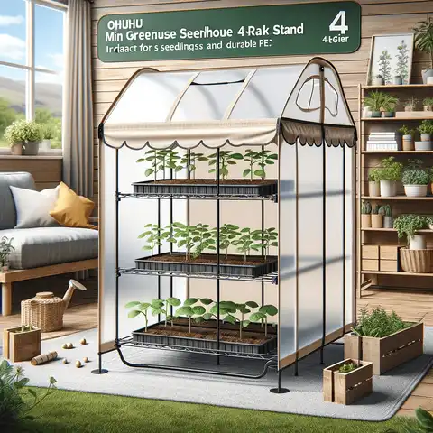 7. the 'Ohuhu Mini Greenhouse 4 Tier Rack Stand', a portable greenhouse with a 4 tier rack and durable PE cover. Best Portable Greenhouses for Your Garden