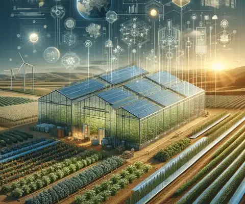 A modern hybrid greenhouse, illustrating its advanced structure and integration with sustainable technologies