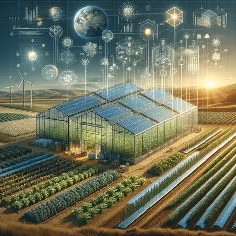 A modern hybrid greenhouse, illustrating its advanced structure and integration with sustainable technologies