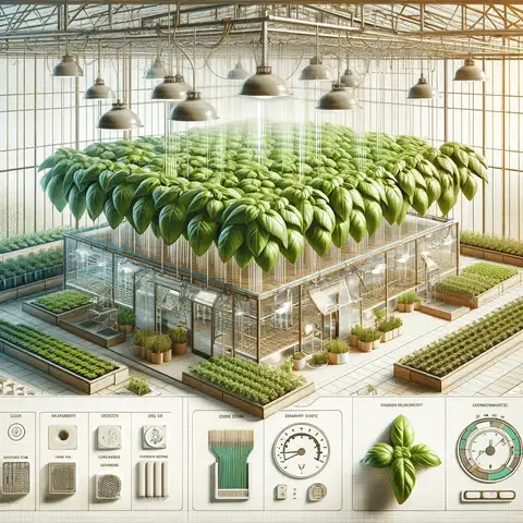 Growing Basil in a Greenhouse An ideal greenhouse setup for growing basil, including necessary equipment such as temperature and humidity control dev Growing Basil in a Greenhouse An ideal greenhouse setup for growing basil, including necessary equipment such as temperature and humidity control dev