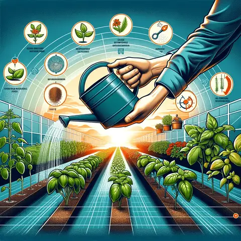 Growing Basil in a Greenhouse Guide to watering and feeding basil plants in a greenhouse, showcasing a gardener using various watering techniques and applyin Growing Basil in a Greenhouse Guide to watering and feeding basil plants in a greenhouse, showcasing a gardener using various watering techniques and applyin