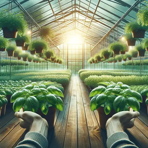 Growing Basil in a Greenhouse a thriving greenhouse filled with lush basil plants, symbolizing the popularity of basil as a herb and the benefit