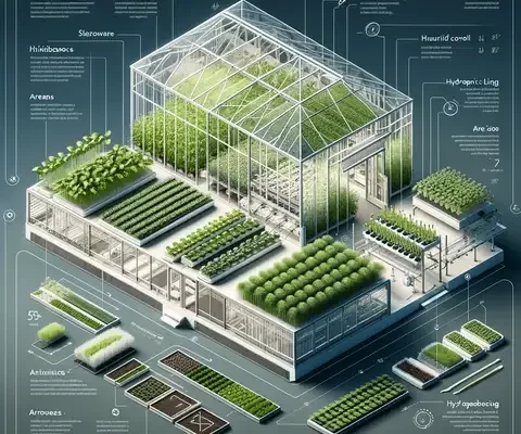 Growing Microgreens in a Greenhouse Detailed layout of a modern greenhouse optimized for growing microgreens