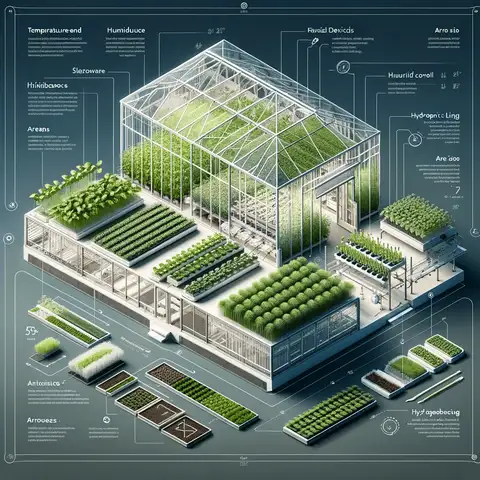 Growing Microgreens in a Greenhouse Detailed layout of a modern greenhouse optimized for growing microgreens