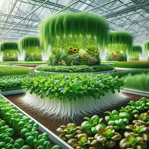Growing Microgreens in a Greenhouse variety of lush, healthy microgreens growing in a modern greenhouse, highlighting their popularity and the adva