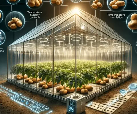 Growing Potatoes in a Greenhouse Ideal greenhouse setup for growing potatoes, showcasing temperature and humidity control systems, prope