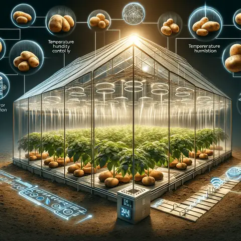 Growing Potatoes in a Greenhouse Ideal greenhouse setup for growing potatoes, showcasing temperature and humidity control systems, prope