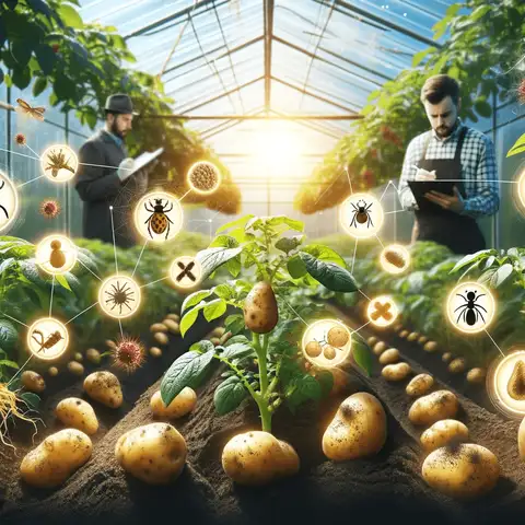 Growing Potatoes in a Greenhouse Scene in a greenhouse showing common pests and diseases affecting potato plants and methods for controlling them