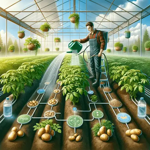 Growing Potatoes in a Greenhouse The effective watering and nutrient management in a greenhouse for growing potatoes