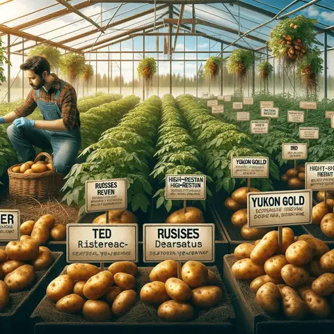 Growing Potatoes in a Greenhouse Variety of potato plants, including different types like Russet, Red, and Yukon Gold, growing in a greenhouse