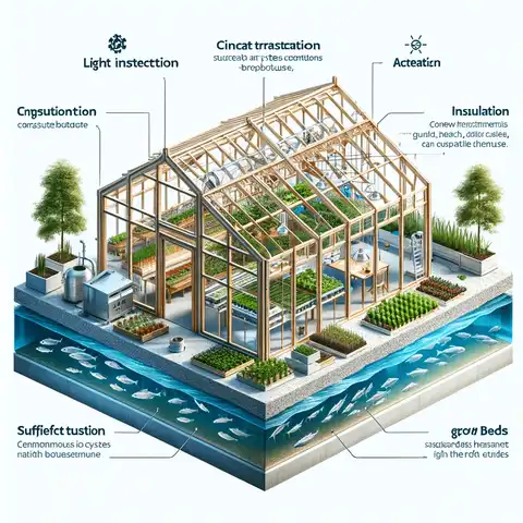 Key considerations for constructing an aquaponics greenhouse, showcasing structural integrity, insulation, climate