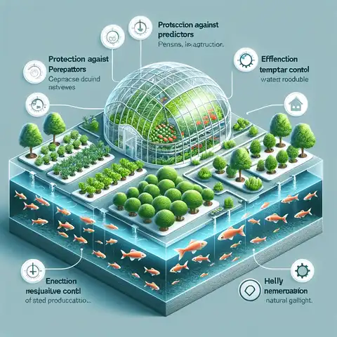 The benefits of an aquaponics greenhouse, such as protection against predators, efficient temperature control, prevention