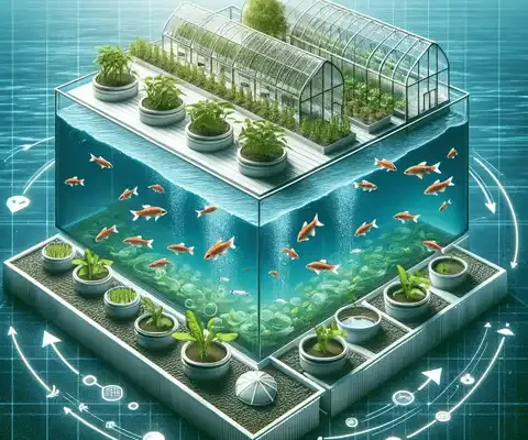 The concept of an aquaponics greenhouse, showing a symbiotic environment where fish and plants coexist.