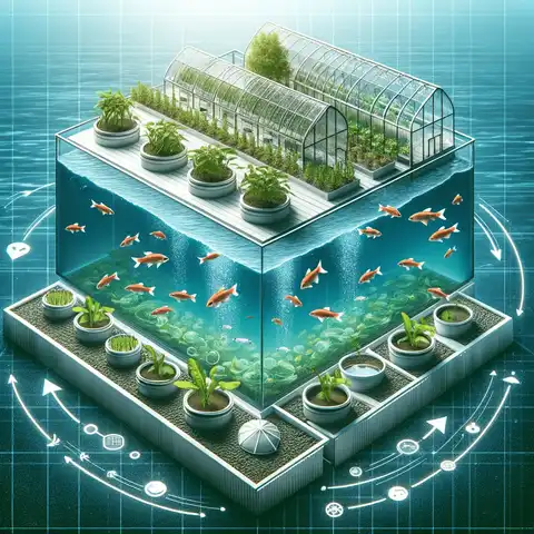 The concept of an aquaponics greenhouse, showing a symbiotic environment where fish and plants coexist.